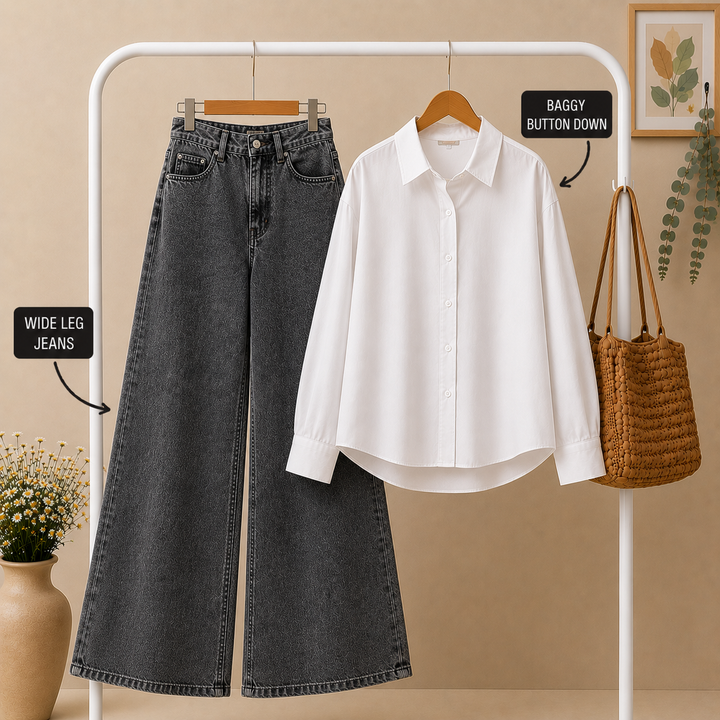 White Baggy Button Down × Charcoal Acid Wash Wide Leg Jeans Combo
