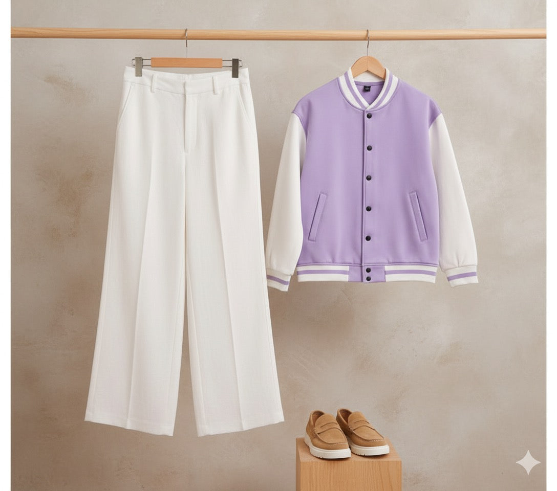 Lilac  baseball with white  formal pants
