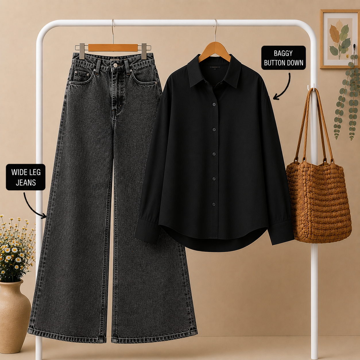 Black Baggy Button Down × Charcoal Acid Wash Wide Leg Jeans Combo