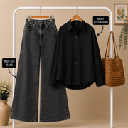 Black Baggy Button Down × Charcoal Acid Wash Wide Leg Jeans Combo