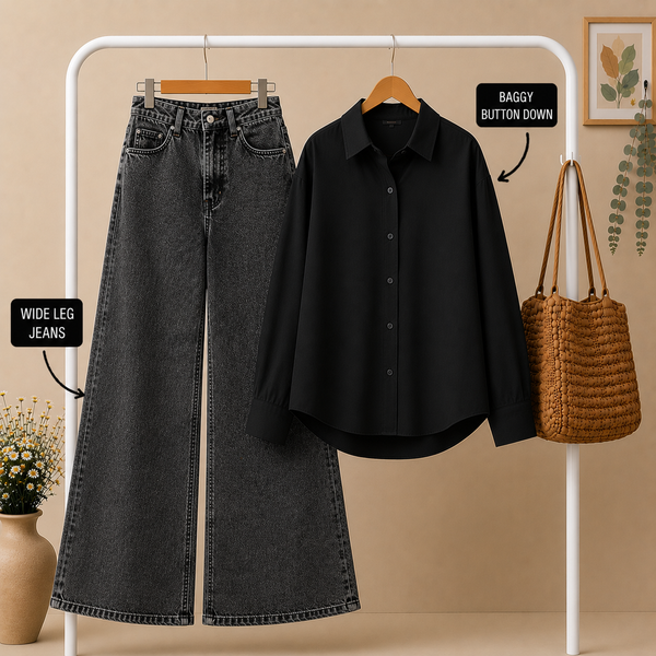 Black Baggy Button Down × Charcoal Acid Wash Wide Leg Jeans Combo