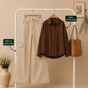 Brown Baggy Button Down × Beige Wide Leg Cargo Jeans Combo