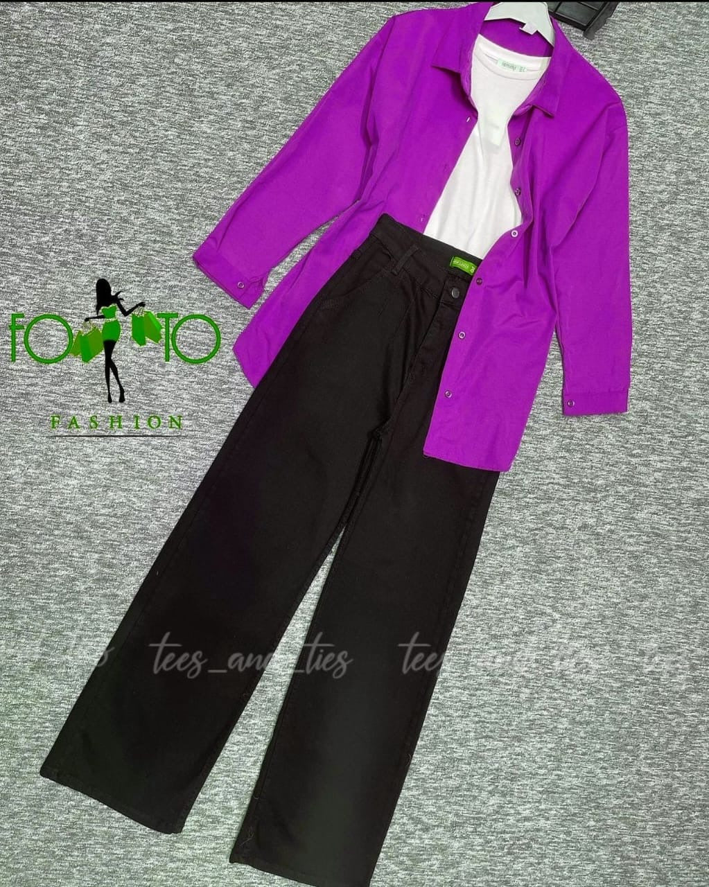 Purple button down with white inner camisole and black wide leg jeans