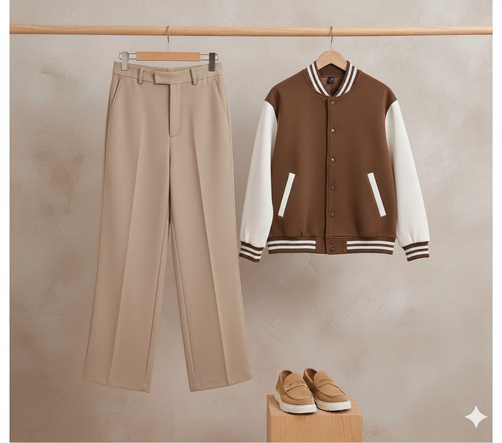 Brown baseball with beige  formal pants