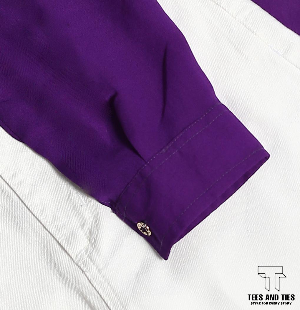 Purple button down with white inner camisole and white wide leg jeans