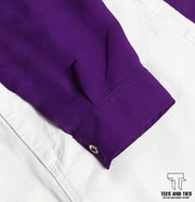 Purple button down with white inner camisole and white wide leg jeans