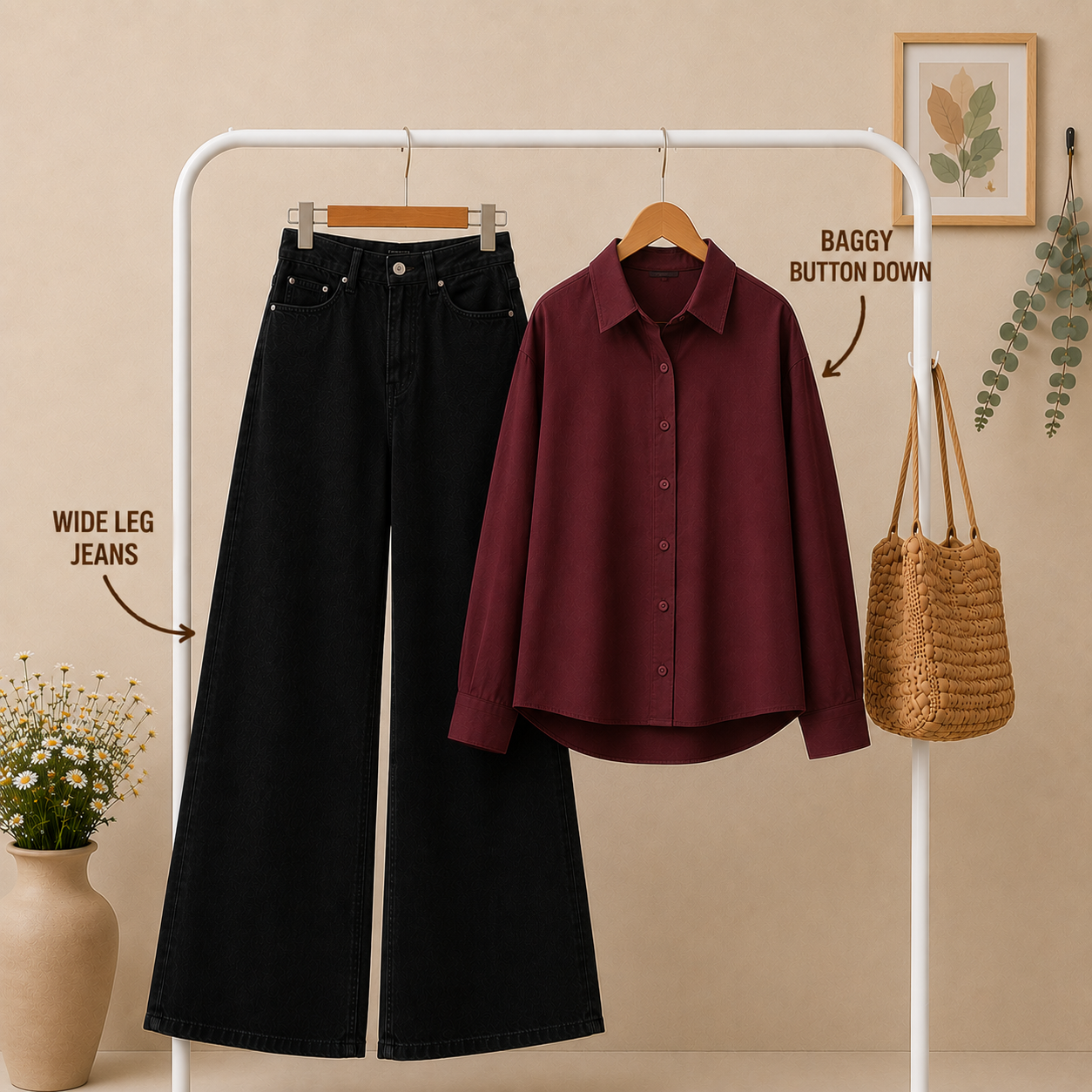 Maroon Baggy Button Down × Black Wide Leg Jeans Combo