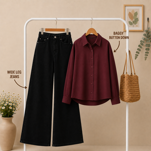 Maroon Baggy Button Down × Black Wide Leg Jeans Combo