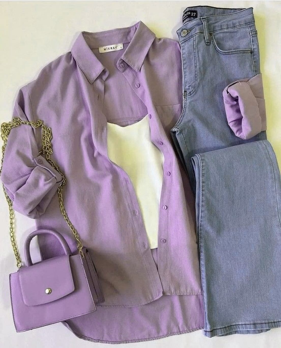 Lilac button down with sky wide leg jeans and inner camisole