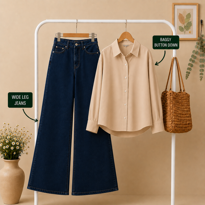 Beige Baggy Button Down × Dark Blue Wide Leg Jeans Combo