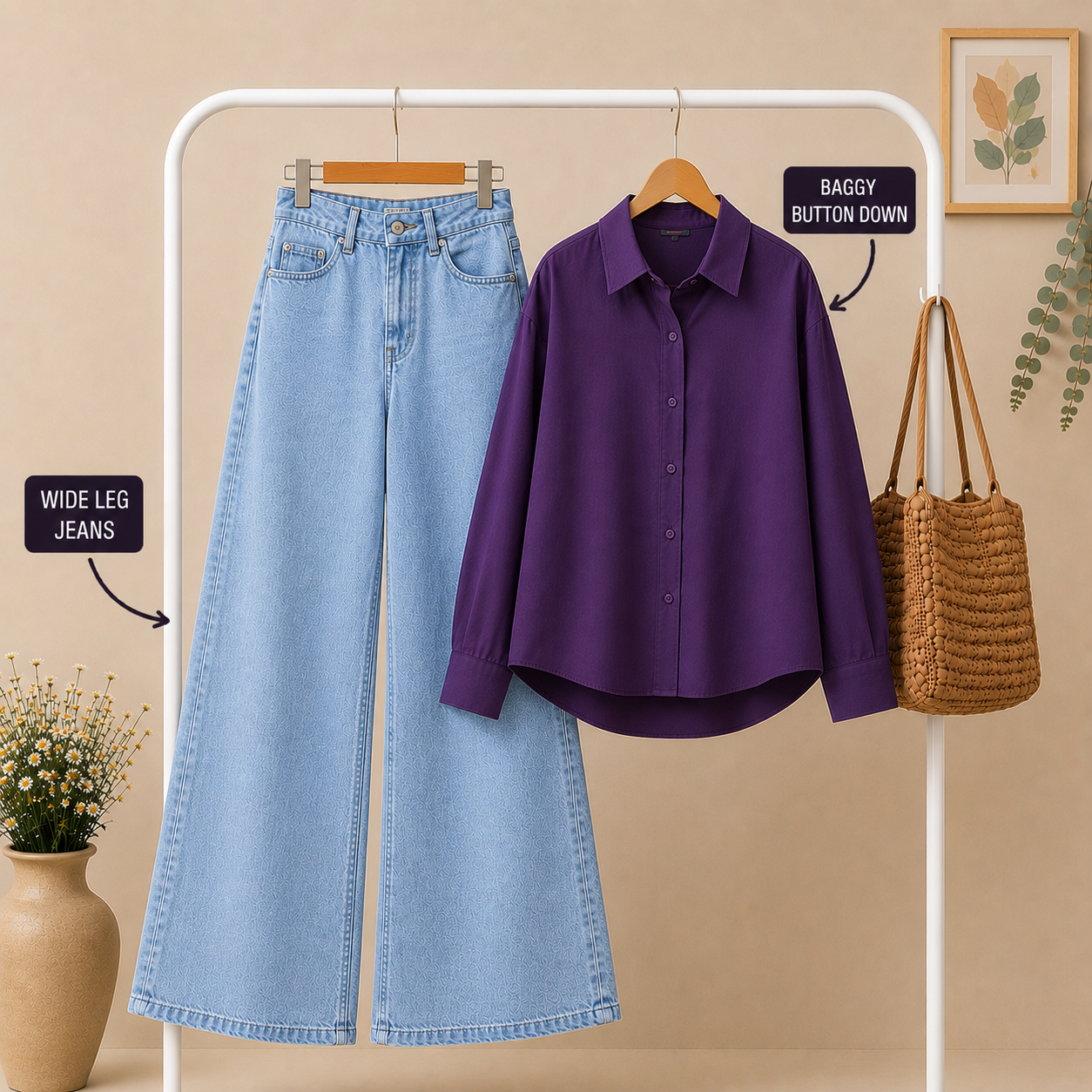 Purple Baggy Button Down × Sky Blue  Wide Leg Jeans Combo