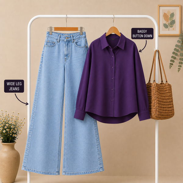 Purple Baggy Button Down × Sky Blue  Wide Leg Jeans Combo