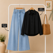 Black Baggy Button Down × Sky Blue  Wide Leg Jeans Combo