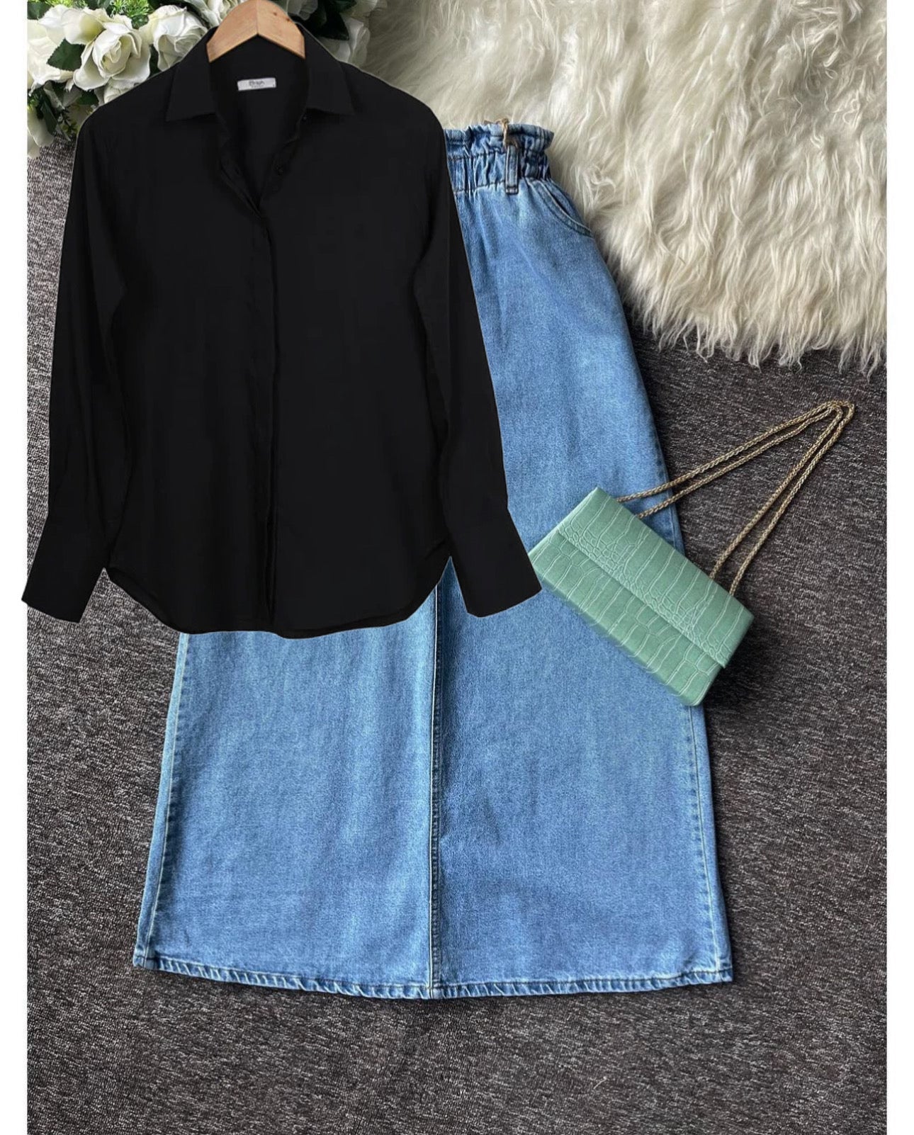 Black button down with denim skirt