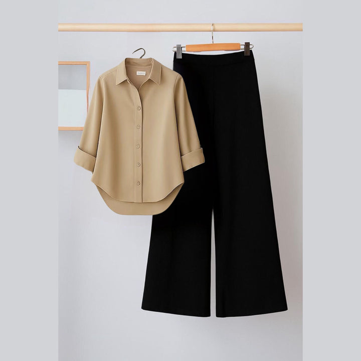 Beige button down shirt with black flapper