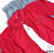Shocking pink button down with white camisole and denim skirt
