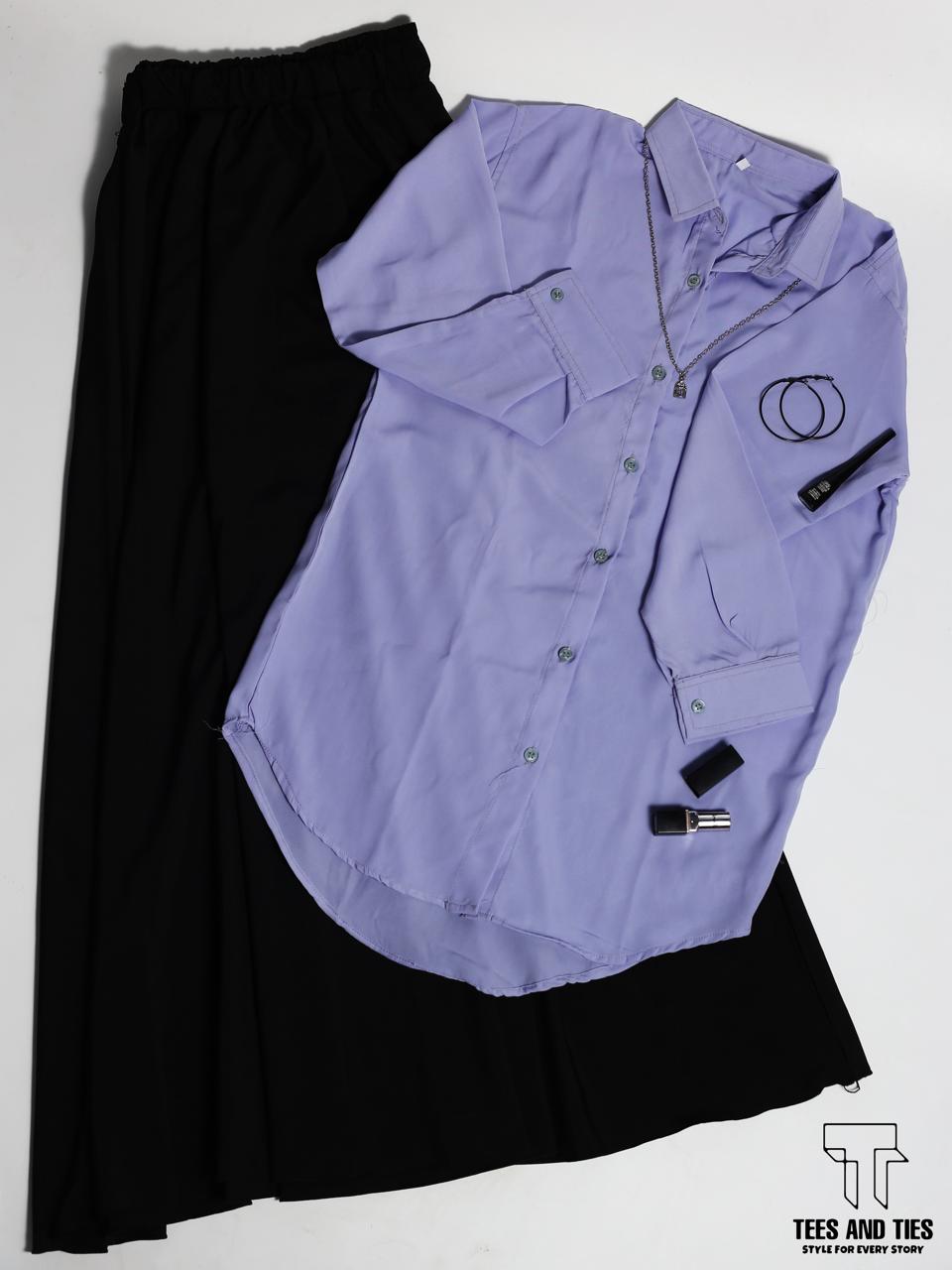 Black skirt with lilac button down