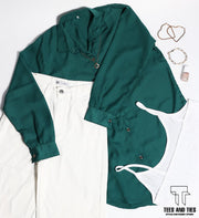Green button down with white inner camisole and white wide leg jeans