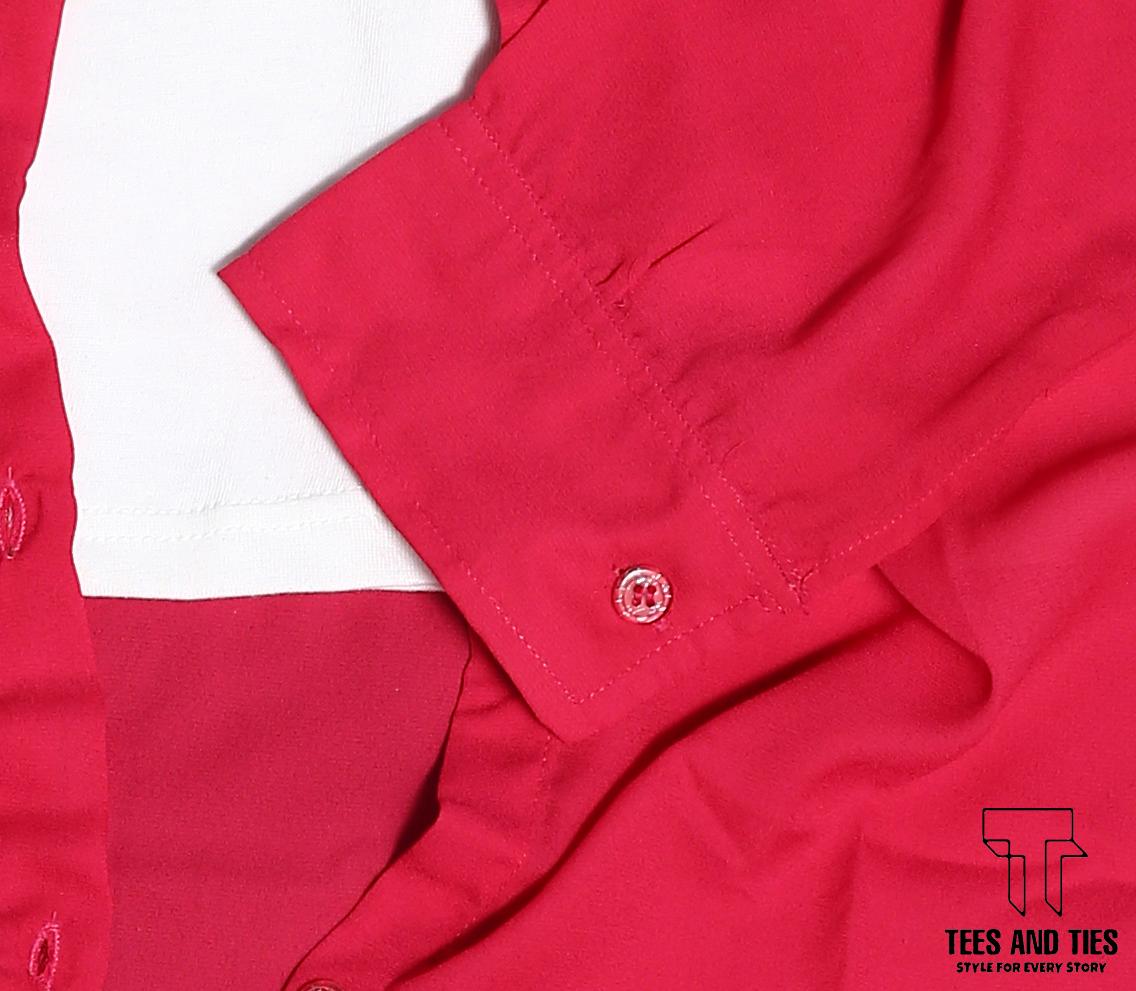 Shocking pink button down with white camisole and denim skirt