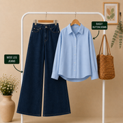 Sky Baggy Button Down × Dark Blue Wide Leg Jeans Combo