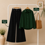 Bottle Green Baggy Button Down × Black Wide Leg Jeans Combo