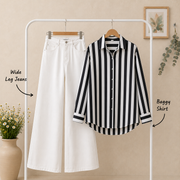 Black white Stripe Shirt × White Wide Leg Jeans Combo