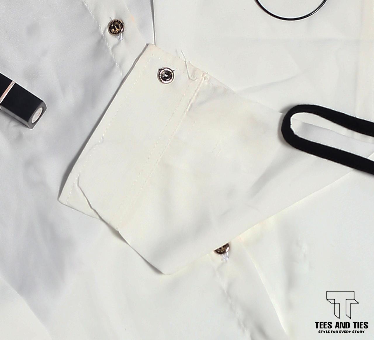 White button down with black wide leg pant and black camisole