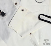 White button down with black wide leg pant and black camisole