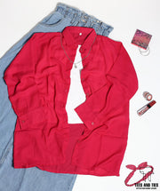 Shocking pink button down with white camisole and denim skirt