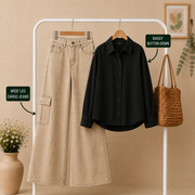 Black Baggy Button Down × Beige Wide Leg Cargo Jeans Combo