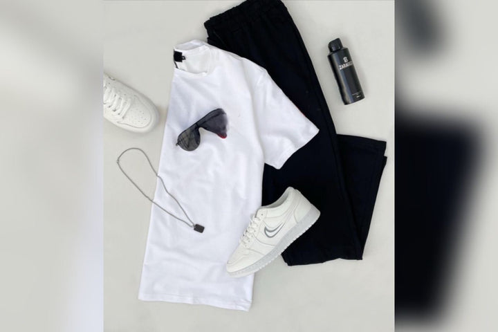 White tshirt with black flapper
