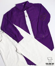 Purple button down with white inner camisole and white wide leg jeans