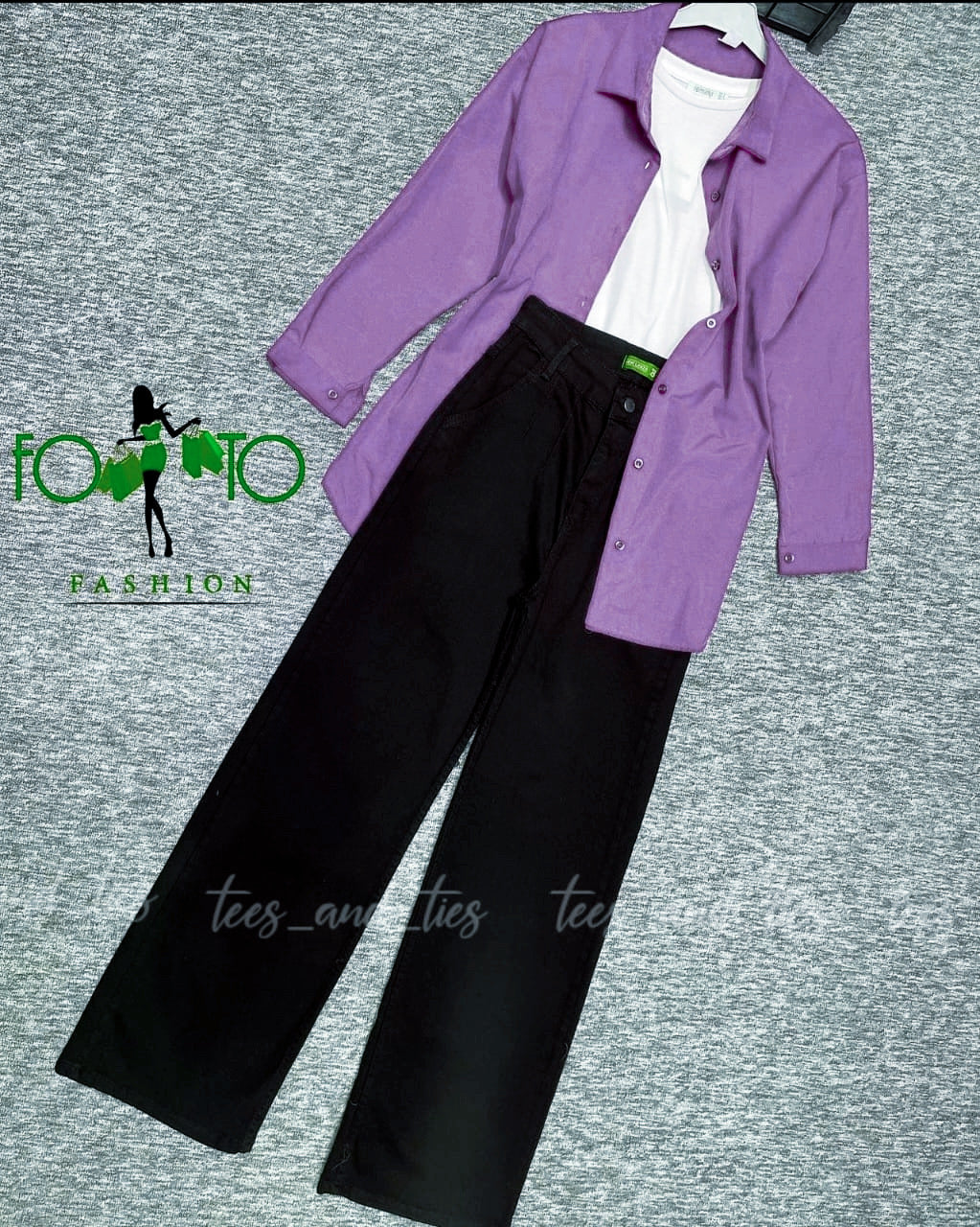 Lilac button down with white inner camisole and black wide leg jeans