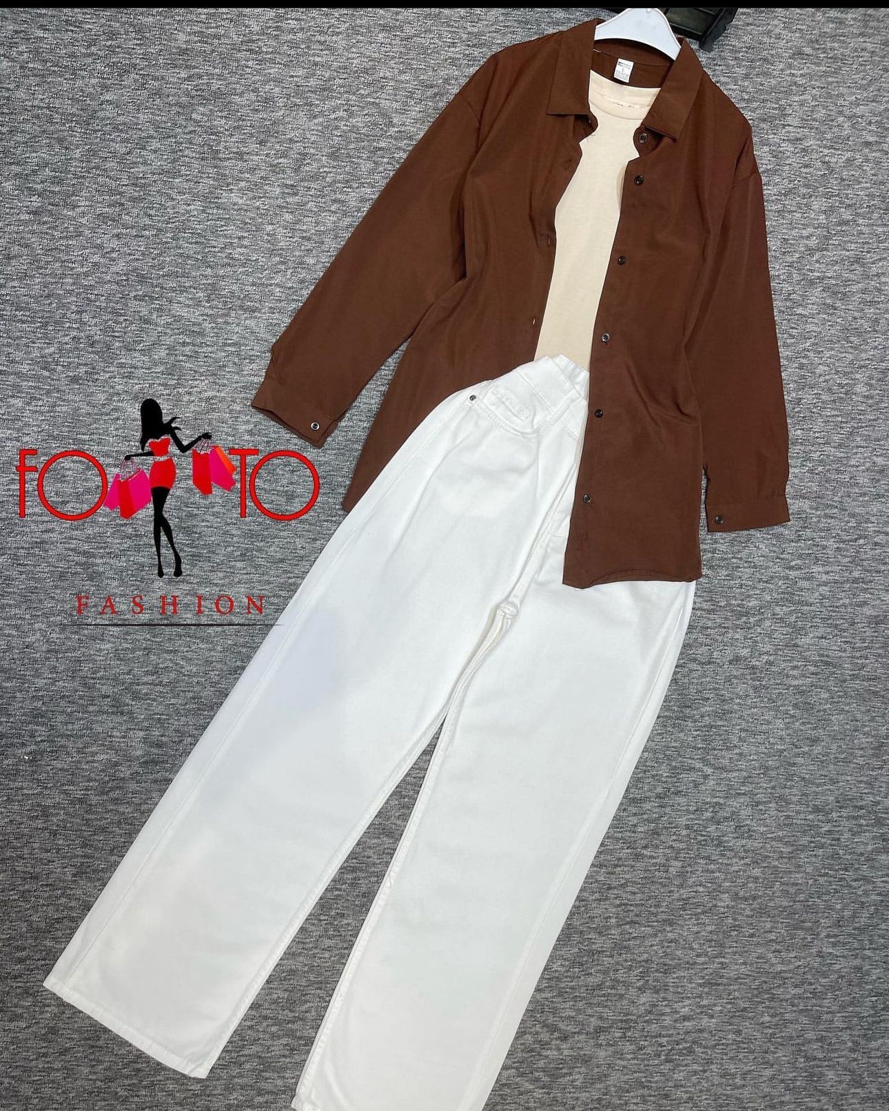 Brown button down with skin inner camisole and white wide leg jeans