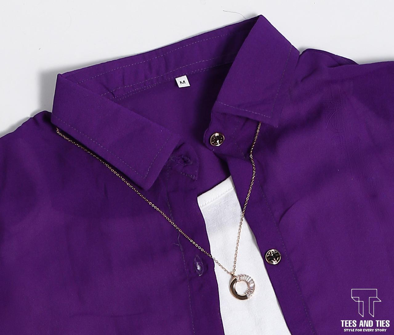 Purple button down with white inner camisole and white wide leg jeans
