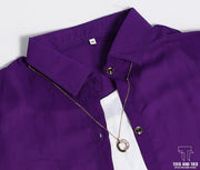 Purple button down with white inner camisole and white wide leg jeans