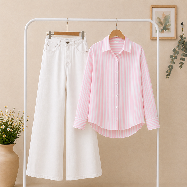 Pink white Stripe Shirt × White Wide Leg Jeans Combo