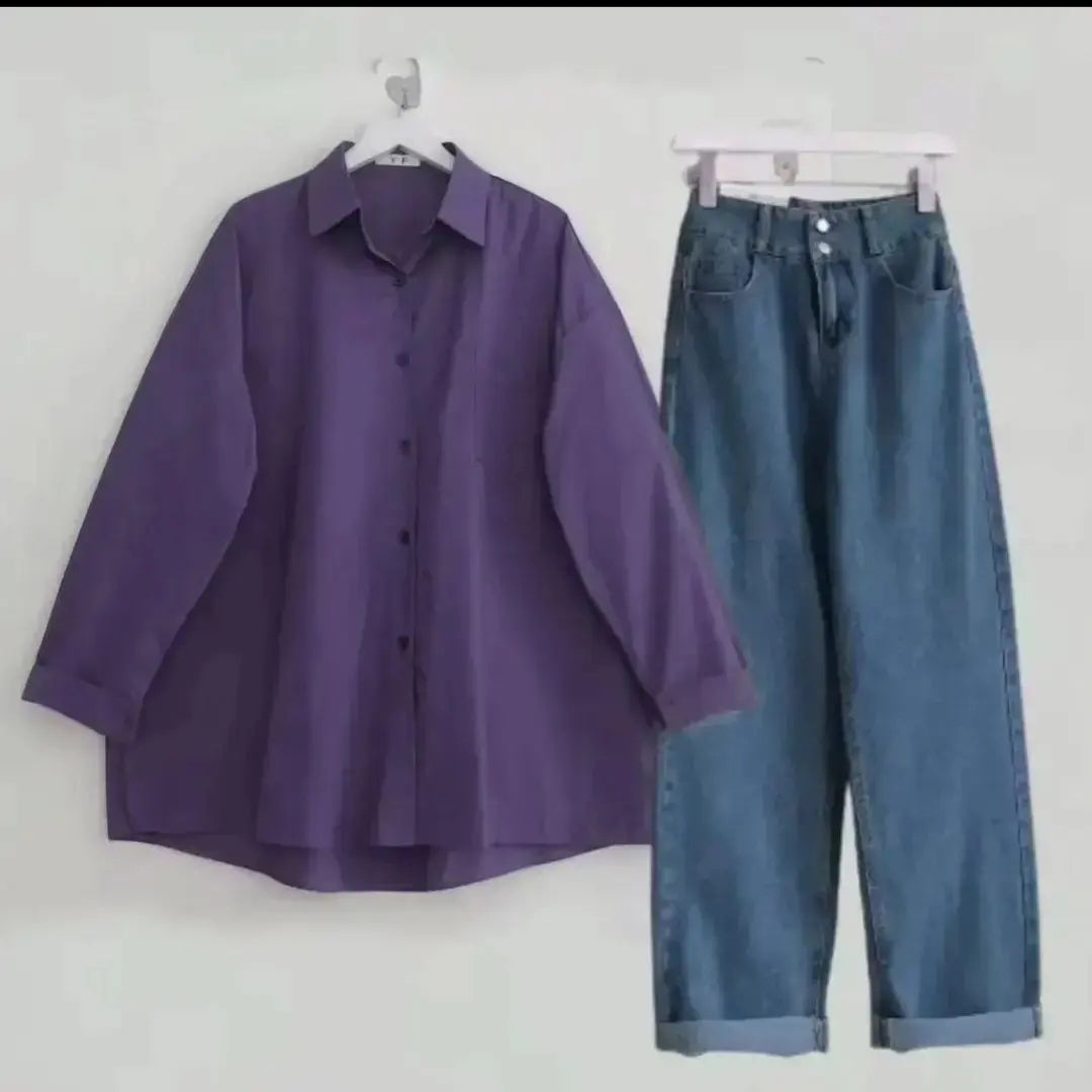 Purple button down with blue jeans
