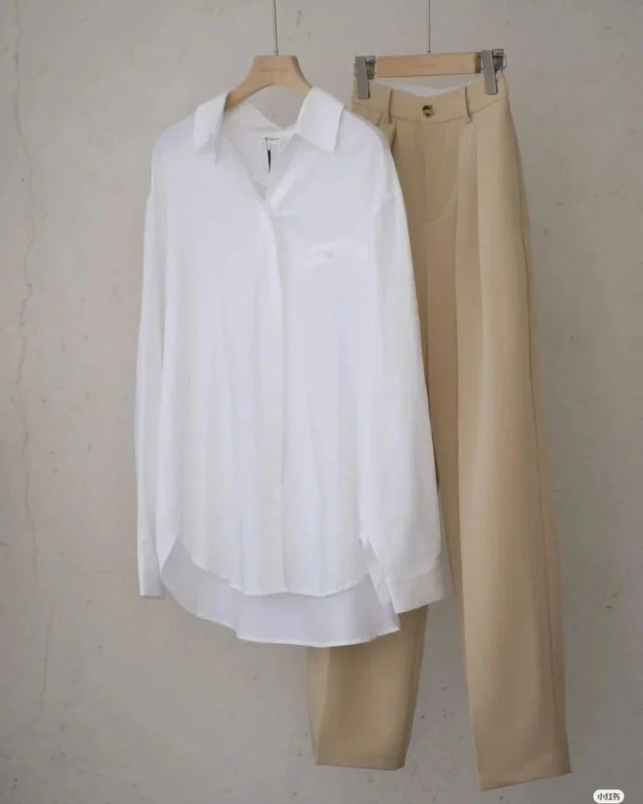 Beige formal pants with white button down shirt