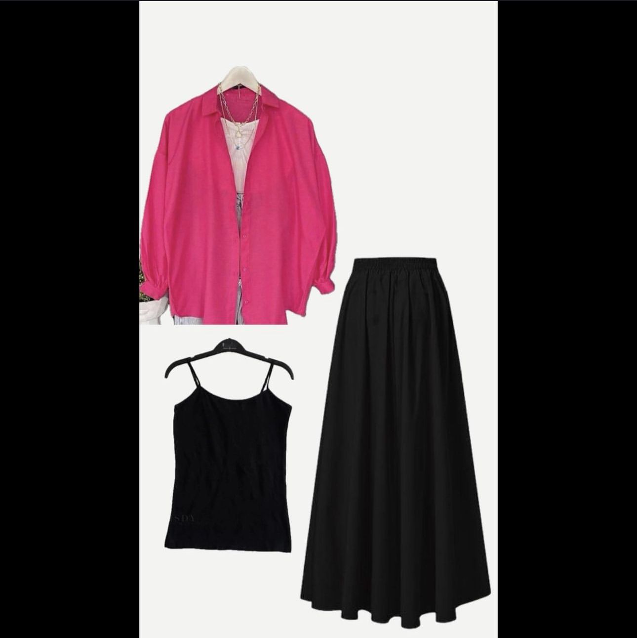Shocking pink button down shirt with black camisole & free size skirt