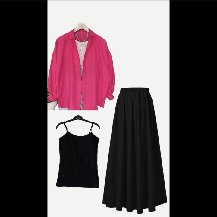 Shocking pink button down shirt with black camisole & free size skirt