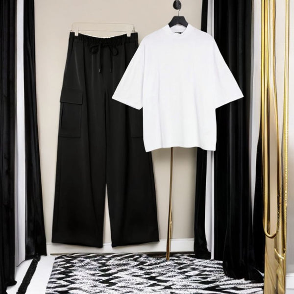 White oversized shirt with black cargo trouser