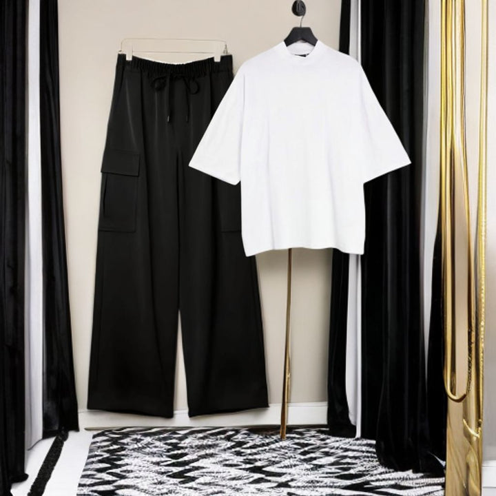 White oversized shirt with black cargo trouser