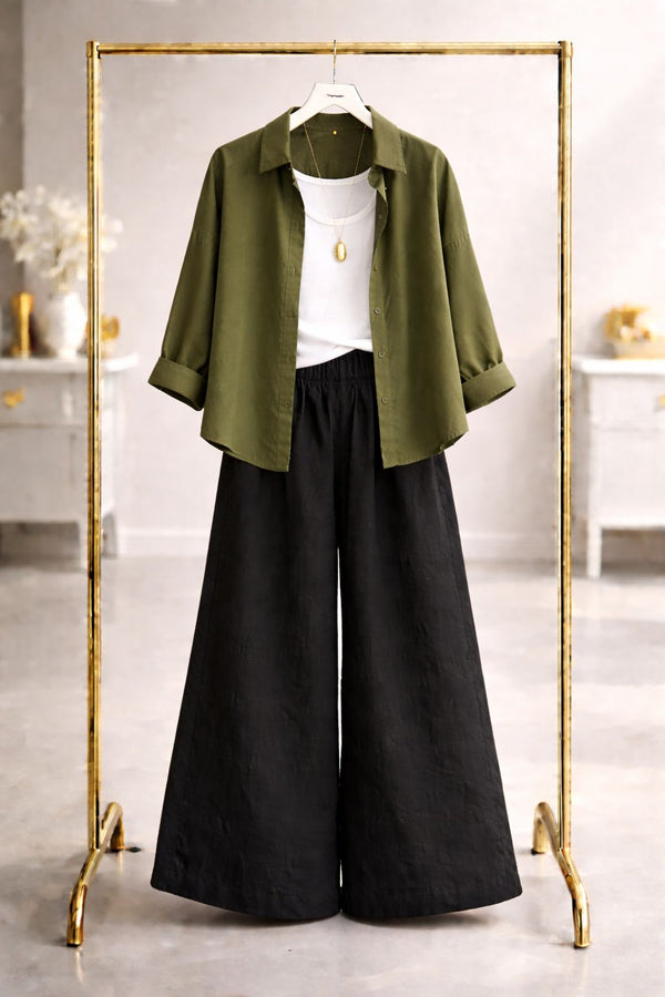 Olive button down with black  flapper trouser white camisole