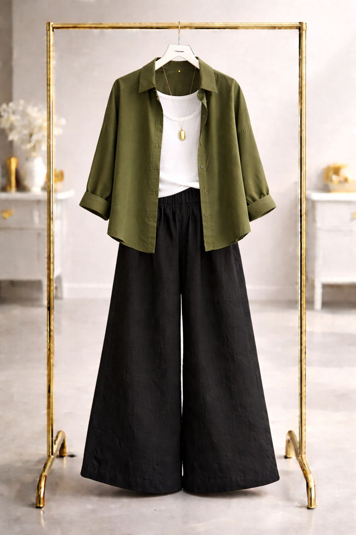 Olive button down with black  flapper trouser white camisole