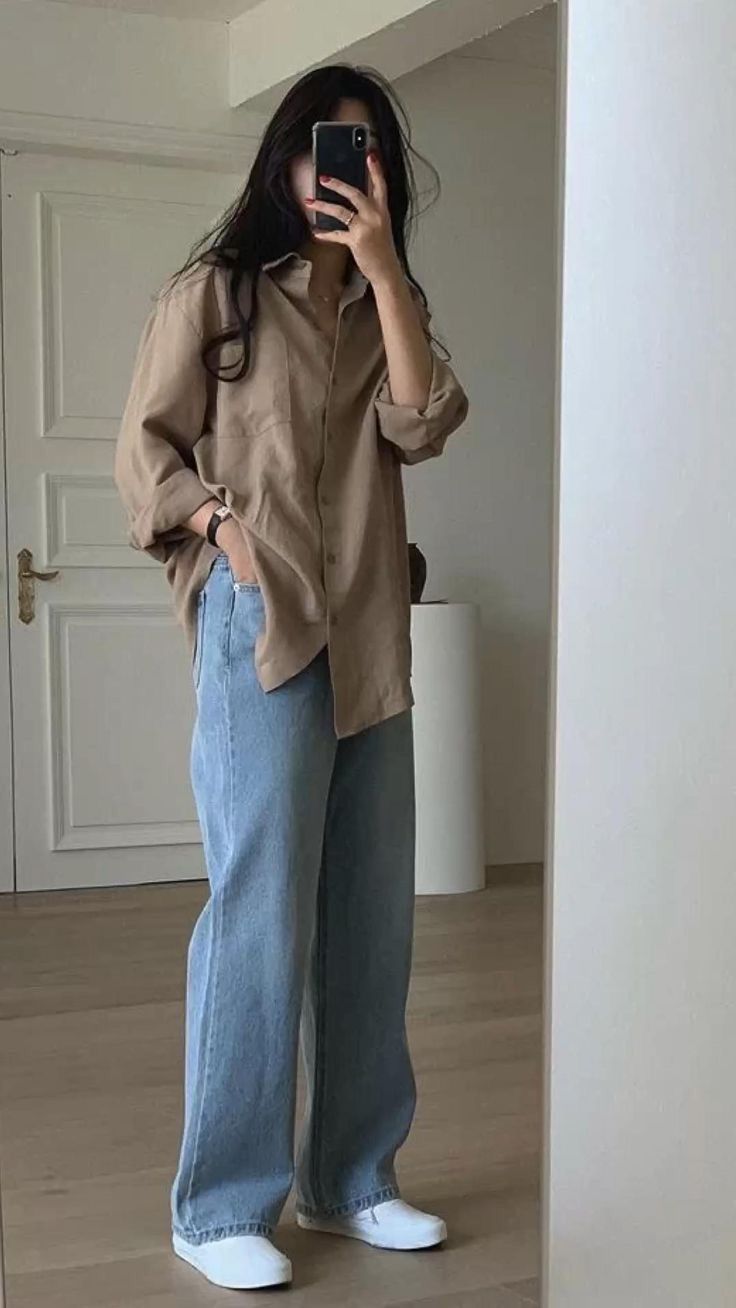 Skin button down with sky blue wide leg jeans