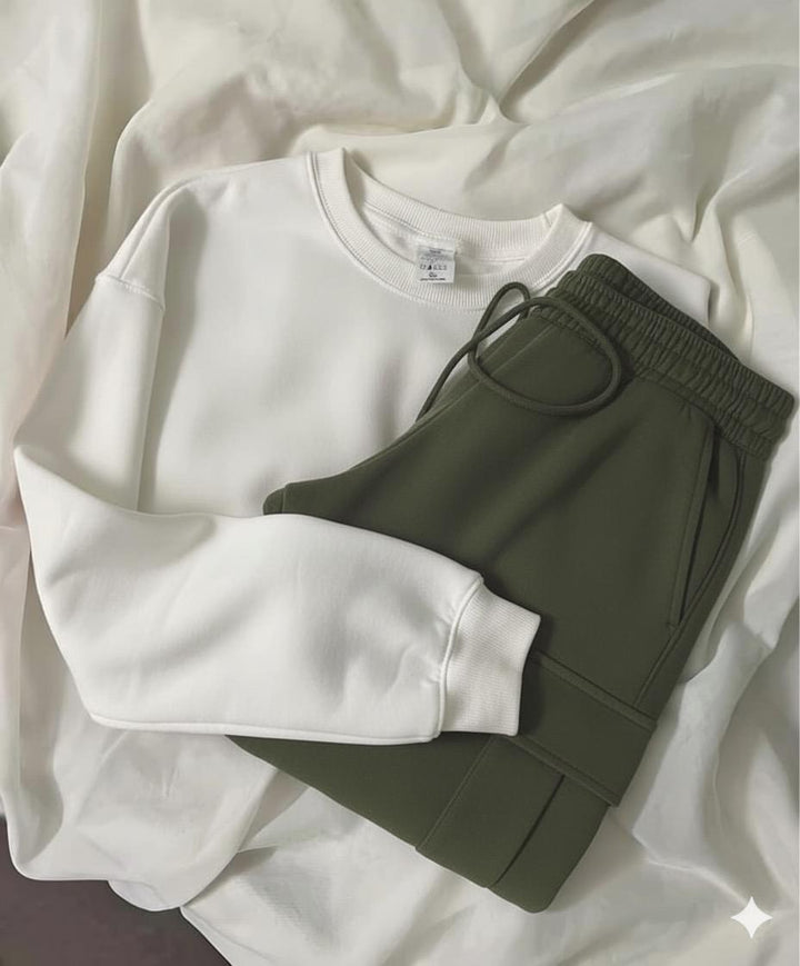White sweatshirt with Olive cargo  Trouser