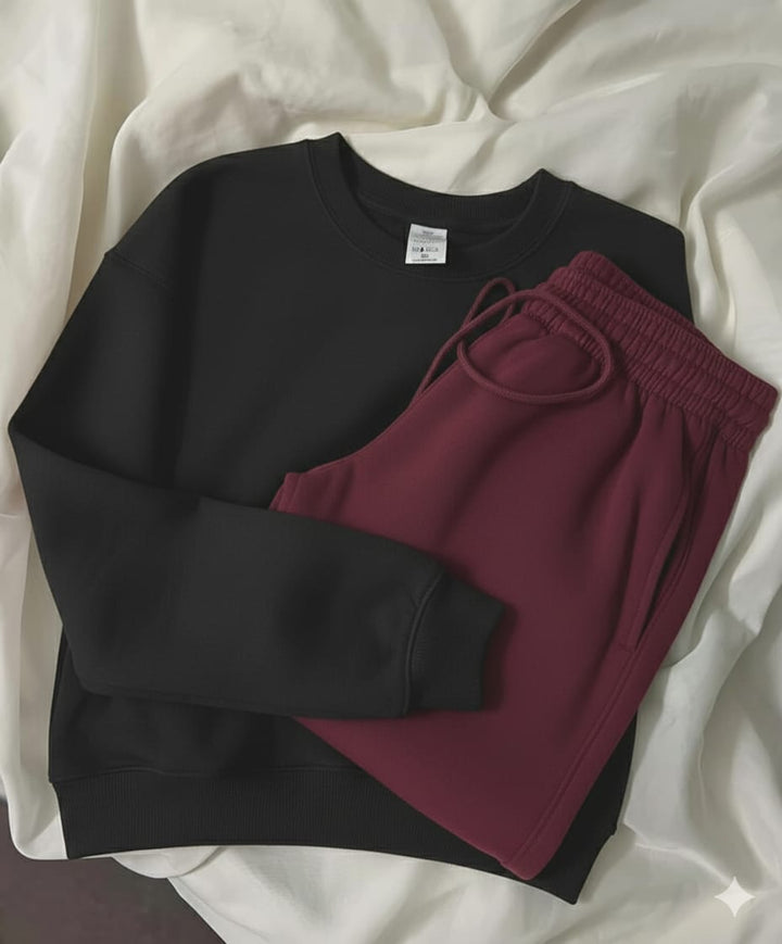 Black sweatshirt with Maroon trouser