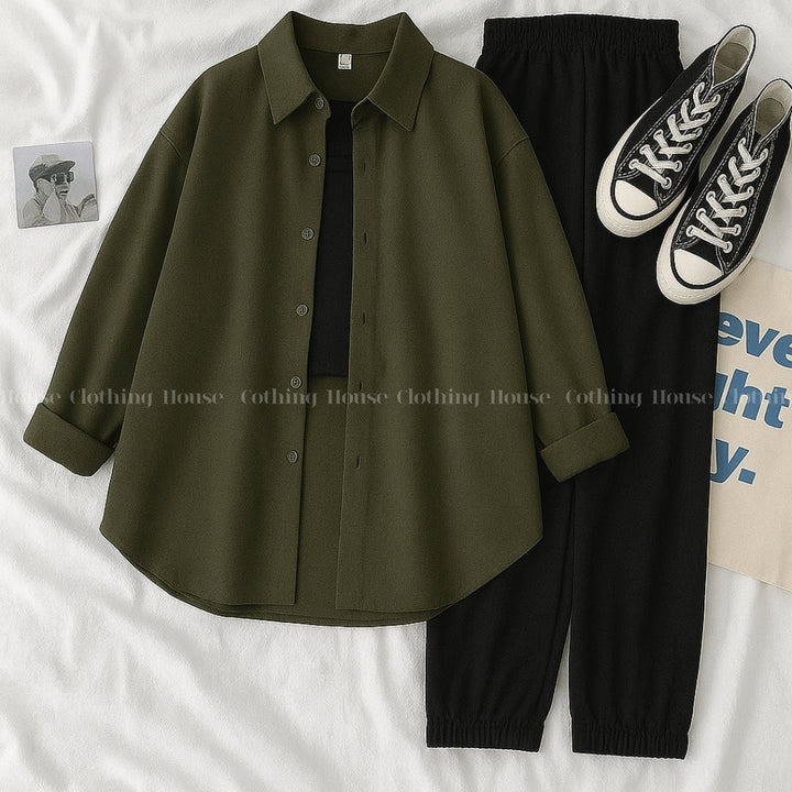Olive button down shirt with black trouser and black camisole