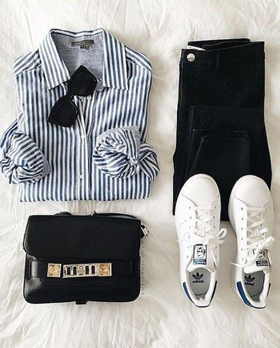 Blue stripes button down shirt with black wide leg jeans
